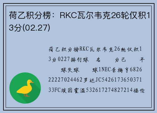 荷乙积分榜：RKC瓦尔韦克26轮仅积13分(02.27)