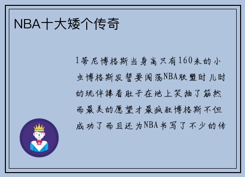 NBA十大矮个传奇